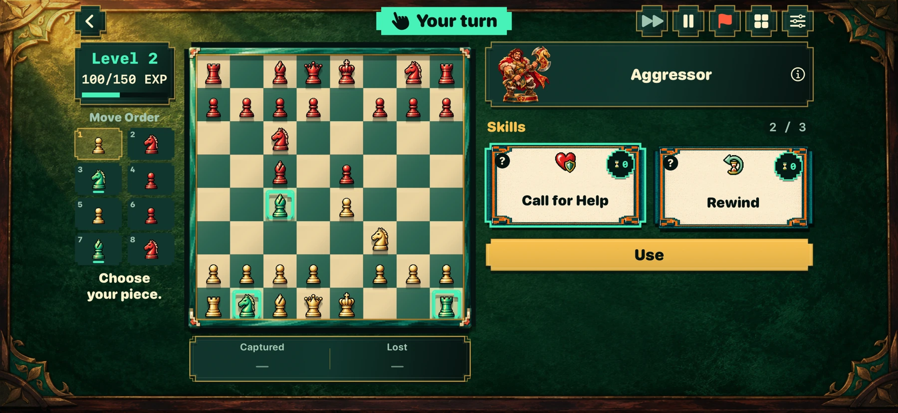 Turnbound gameplay: a chessboard, your team, move order and two skill cards