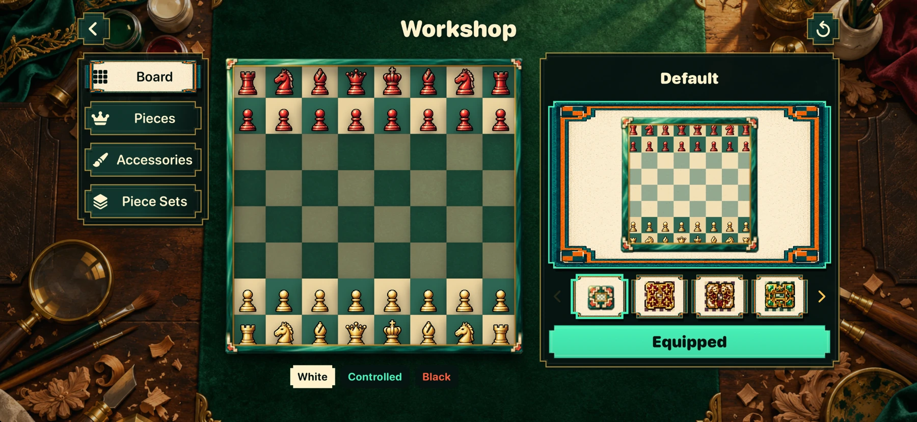 Turnbound Workshop showing the board and cosmetic preview
